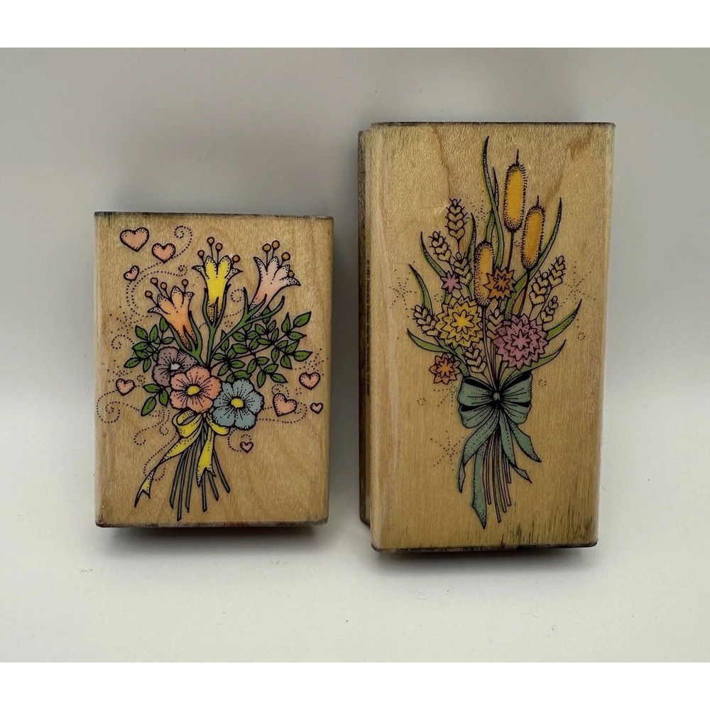 Hero Arts Flower Bouquet E557 Cattail Bouquet F208 Wood Rubber Stamp Lot Vintage